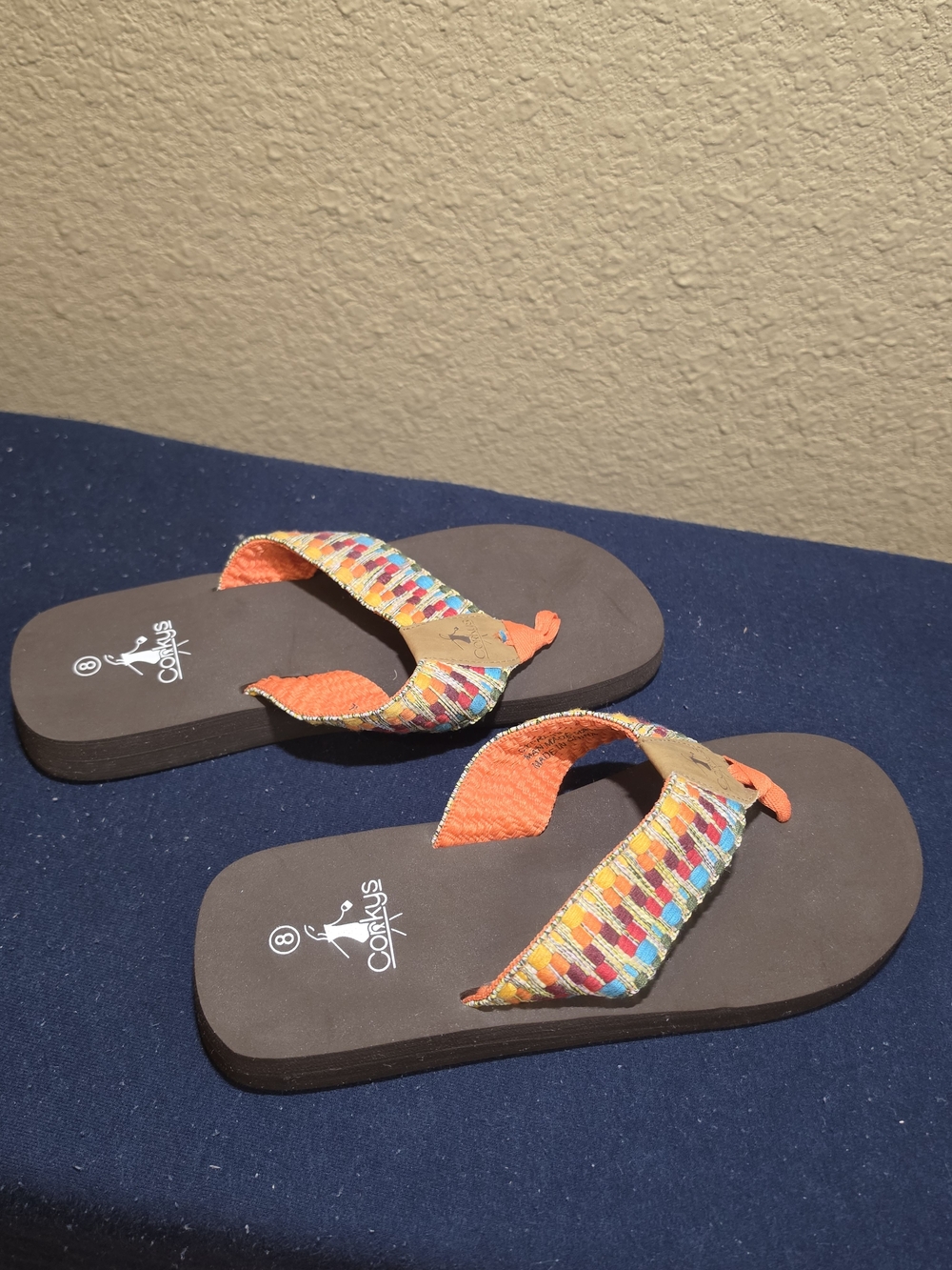 Corkys Women's Orange Multicolor Woven Strap Flip Flops - Picture 5 of 6